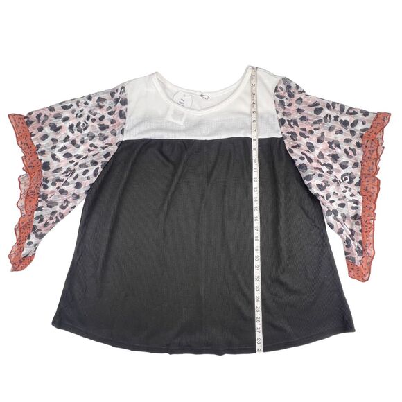 Blouse Women Boutique Colorblock Contrast Panel Flowy Leopard Ruffle Cuff Sleeve - Picture 6 of 16